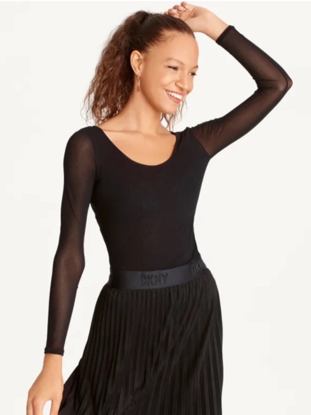 DKNY Black Scoop-Neck Mesh-Sleeve Bodysuit